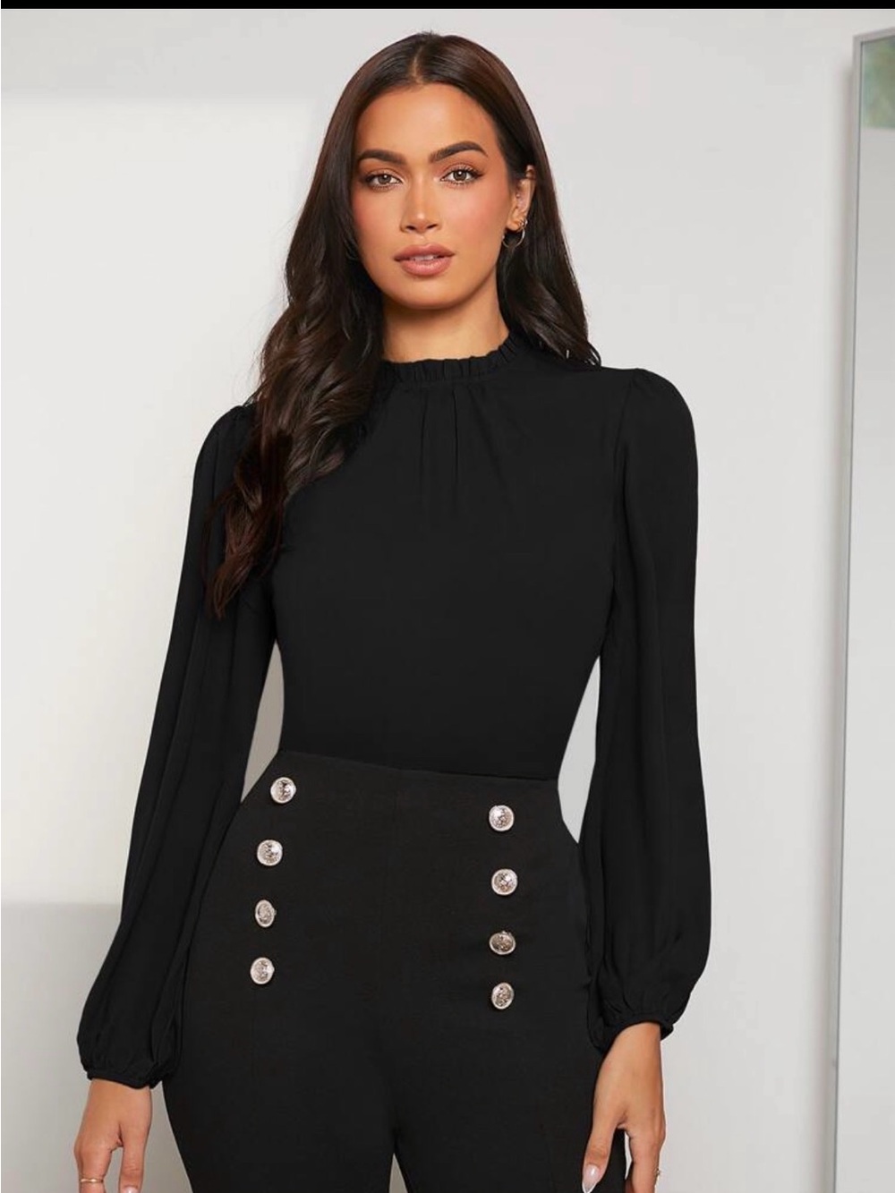 SHEIN Black Frilled Neck Top Size Medium
